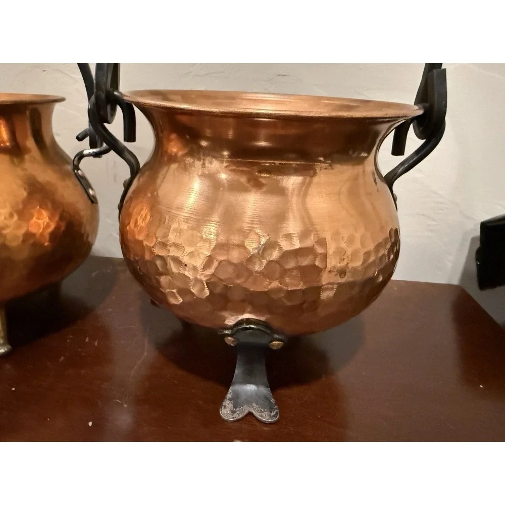 VTG Set Of 2 Hammered Copper Pot Cauldron Germany Bail Wrought Iron Handles Feet